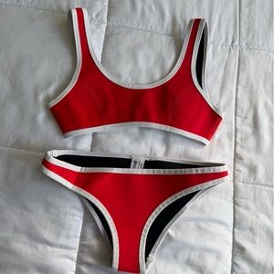 Hoaka Red Contrast-Trim Women's Bikini Set. XS top, S bottom.